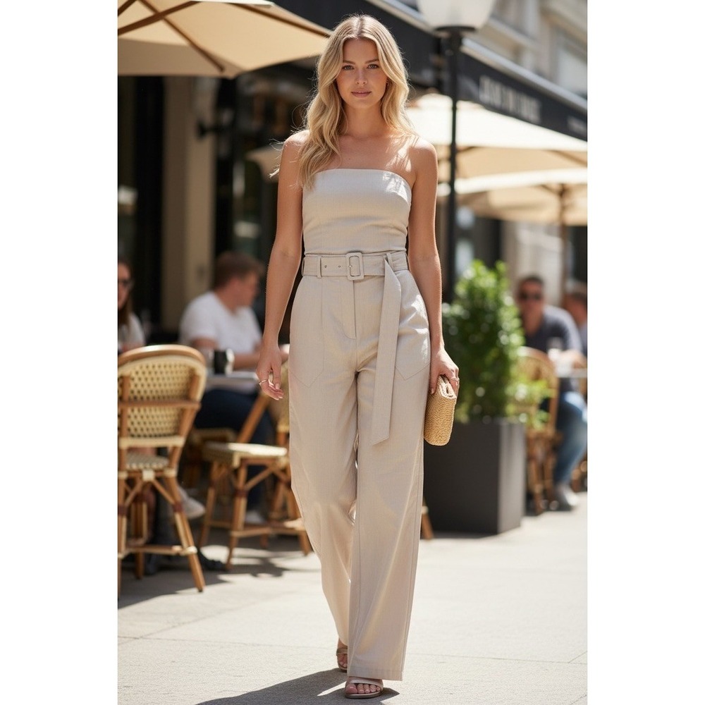 NWT!! "Zara" Strapless Wide Leg Jumpsuit Tan  Waist‎ Utility Womens XS 24 Beach